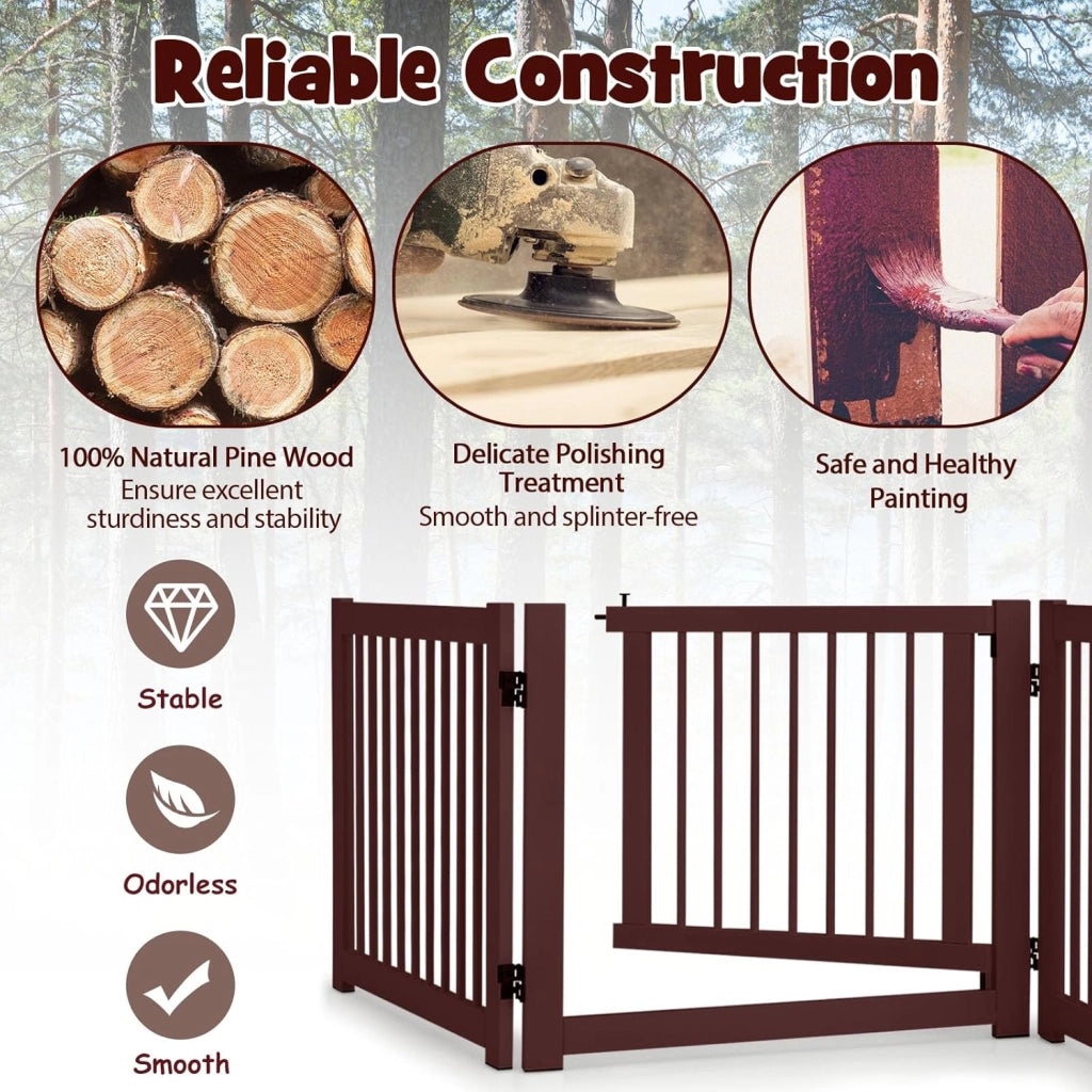 Cancelletto per Cani Pieghevoli 210 x 61 cm, Barriera per Cani in Legno a 3 Pannelli con Porta a Serratura, Recinzione per Scale, Ingressi e Corridoi (Marrone)