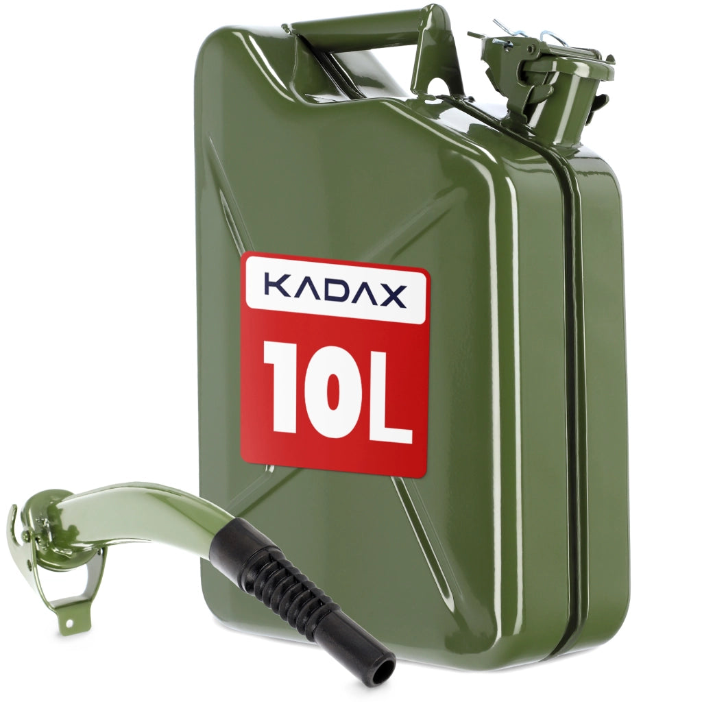 Tanica di carburante KADAX da 10 litri, contenitore per acqua e olio, tanica in metallo con imbuto.