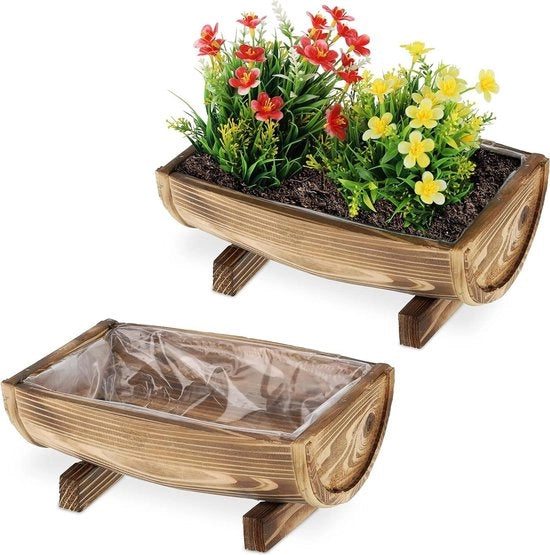 Set di vasi di legno per piante da 2 - 125 x 295 x 20 cm, forma allungata, colore marrone con rivestimento in plastica - per interni ed esterni