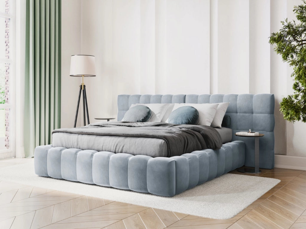 Cosmopolitan Design - Letto a cassettone con testiera doppia "Bali" 140x200cm in velluto azzurro 