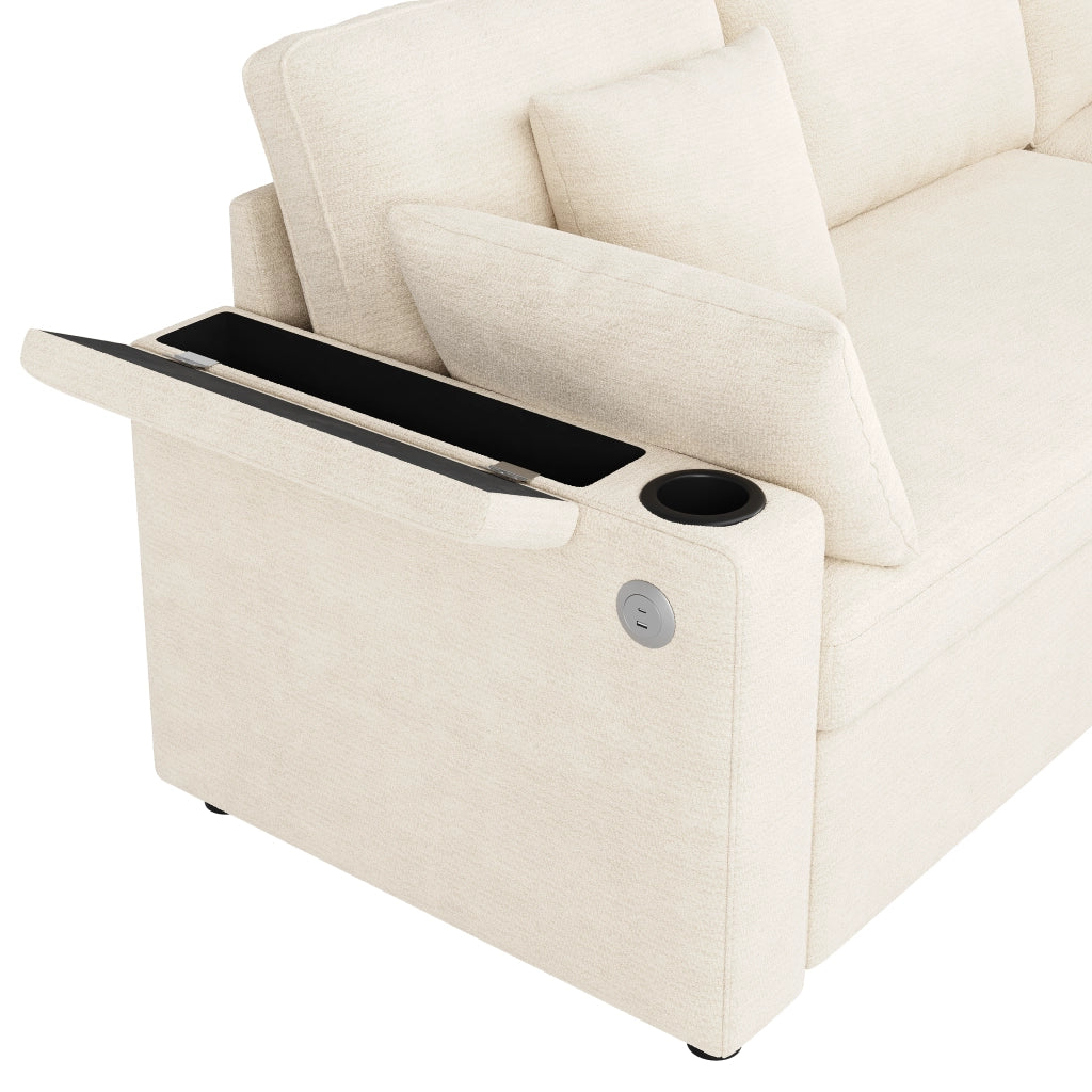 Divano angolare convertibile con pouf contenitore USB Type-C portabicchieri e vani bracciolo in chenille beige