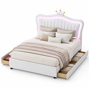 Letto per bambini imbottito 140x200 cm con 4 cassetti; LED e rete a doghe; bianco
