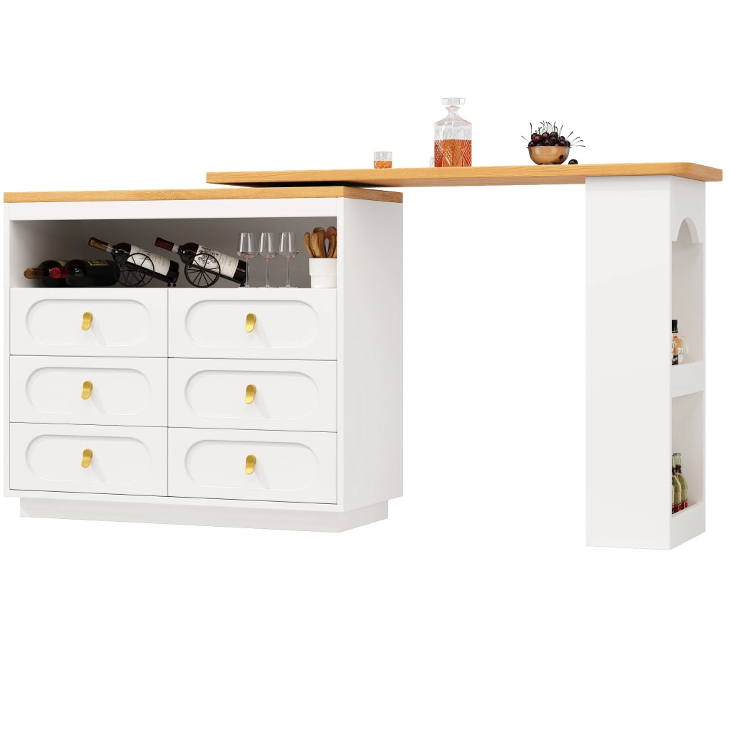 Tavolo da Pranzo Allungabile con 6 Cassetti; Ripiano Laterale e Piano Girevole; in MDF; 137-203x39x90 cm; Bianco