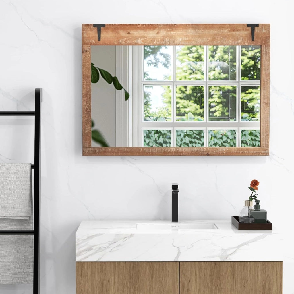 Specchio da Parete Stile Fattoria, 100 x 70 cm Specchio Decorativo Rettangolare da Parete con Cornice in Legno, per Bagno Soggiorno Camera da Letto, Verticalmente o Orizzontalmente