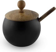 Sughero con coperchio in legno e cucchiaio per casa e cucina, forma a tamburo (finitura grigio scuro)