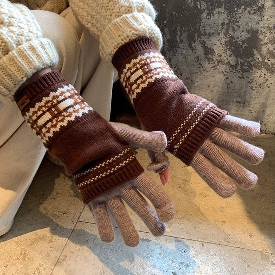 Manopole in lana a coste, tessuto jacquard, colore marrone autunnale, per donne, per autunno e inverno, calde e comode, adatte per l'uso in bicicletta, compatibili con schermo touchscreen.