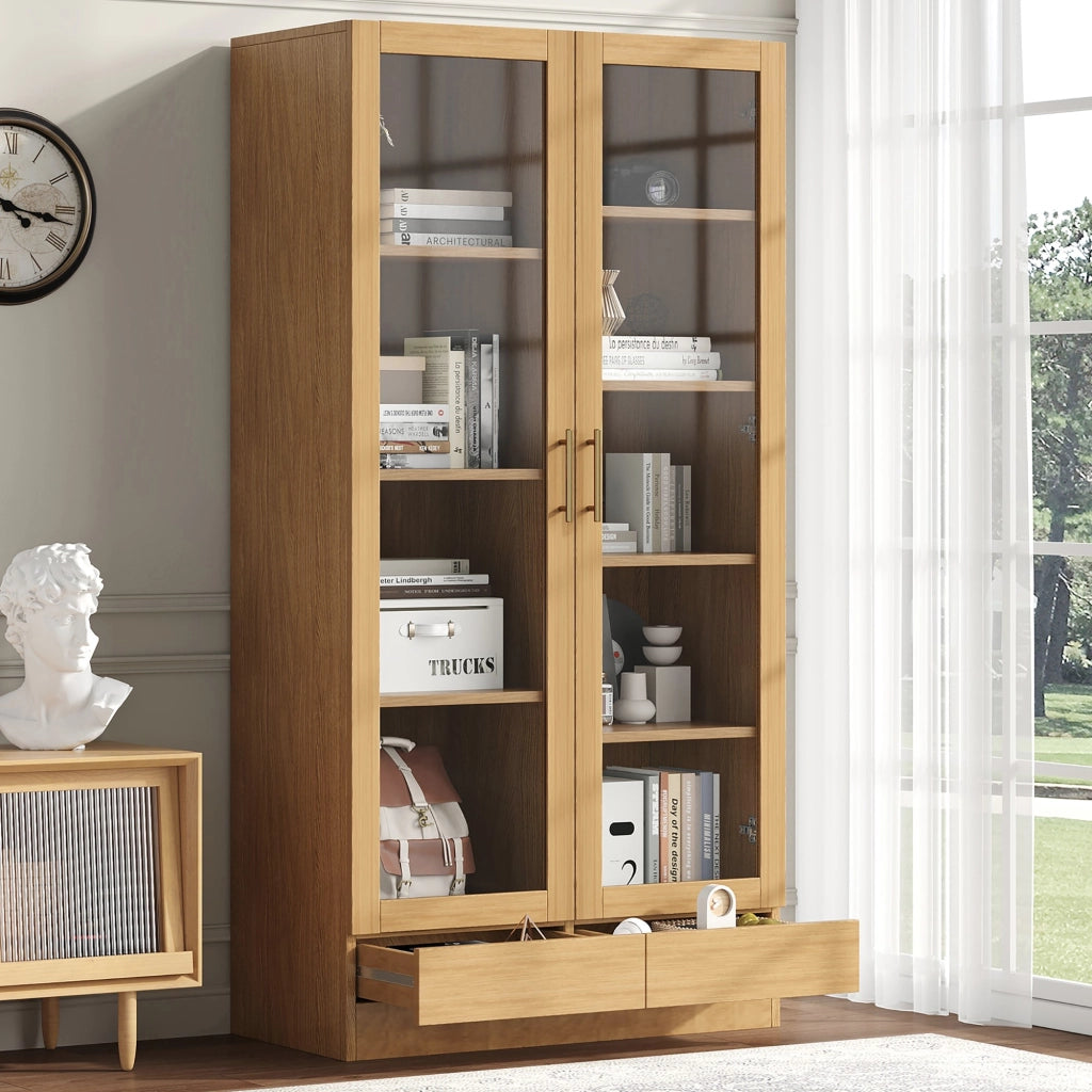 Vetrina con 2 ante in vetro 1 cassetto e 9 vani sfalsati per soggiorno o studio colore legno 80 × 40 × 160 cm