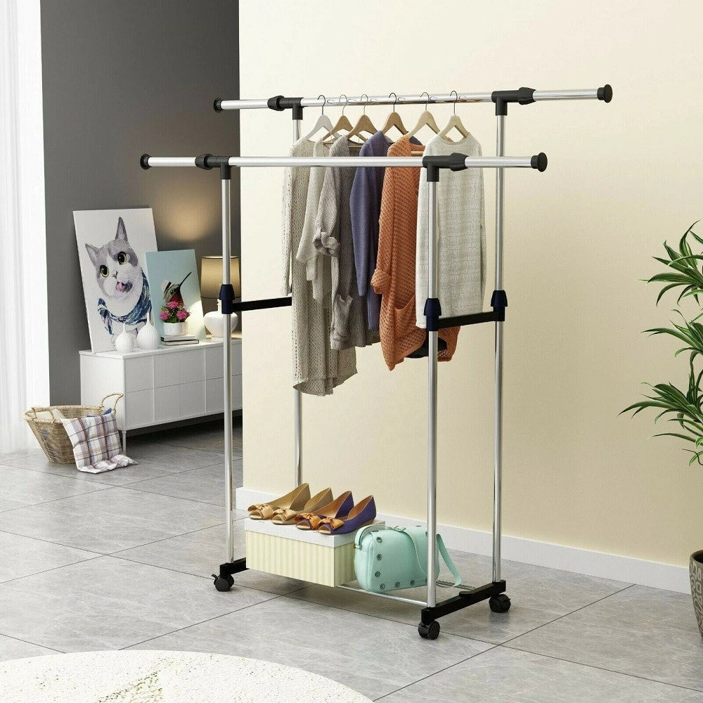 Trade Shop - Stand Appendiabiti Regolabile Telescopico Con Ruote Organizer Abiti Doppio -