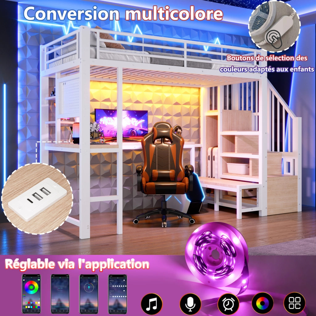 Letto a soppalco in metallo 90x200 cm, letto alto matrimoniale con scrivania, pannello forato, scala contenitore, prese USB/USB-C, ripiani e illuminazione LED, bianco