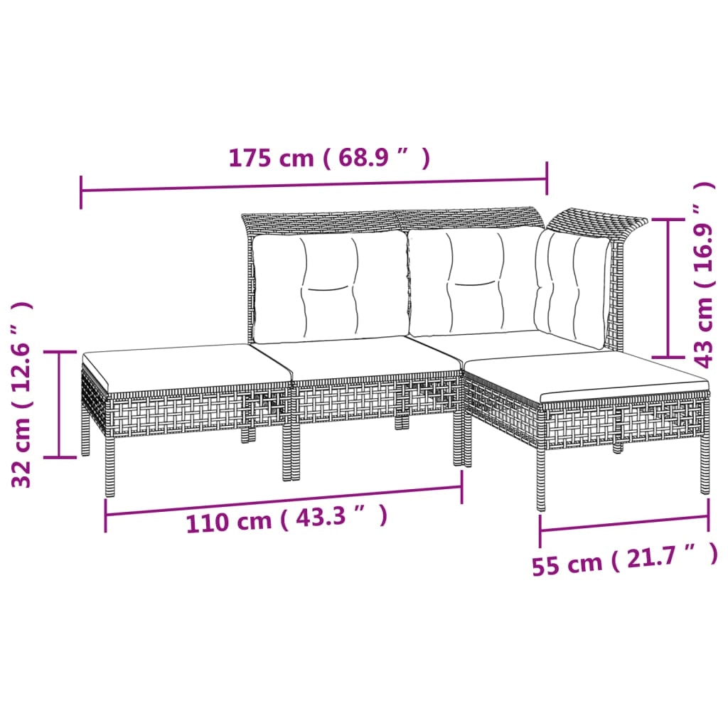 Set di mobili da giardino mobili da esterno 4 pezzi con cuscini resina intrecciata grigia 02_0016144