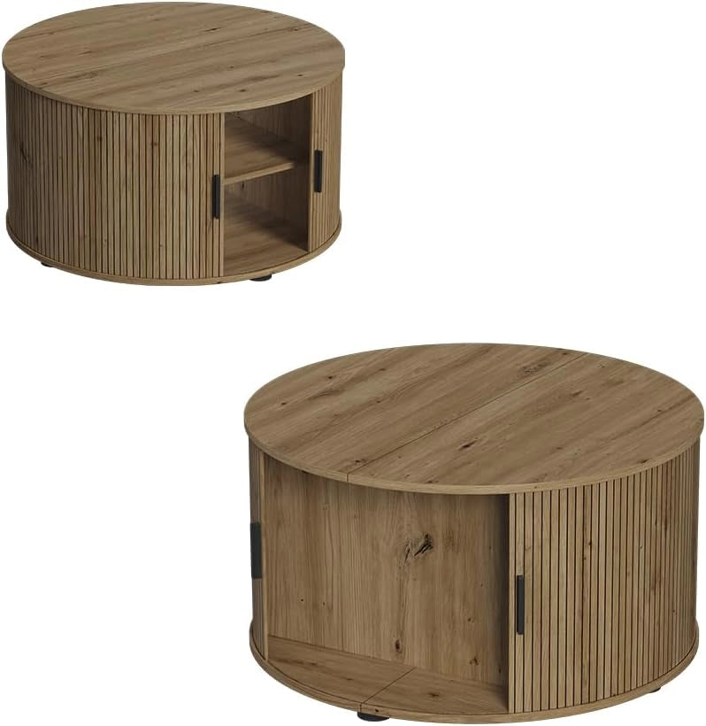 tavolino soggiorno Selva, Rovere, 80 x 80 cm con porta scorrevole, con funzione lift e piano del tavolo regolabile in altezza