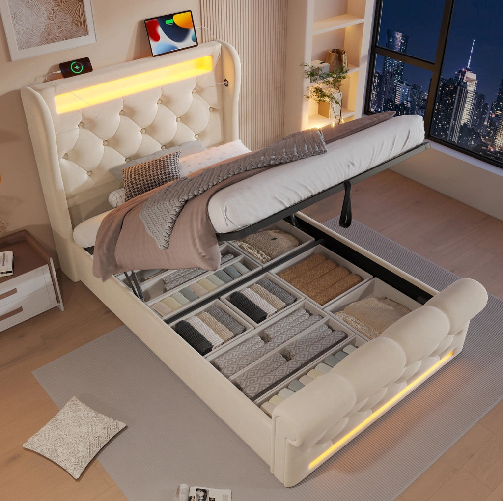 Letto imbottito con contenitore 90x200 cm in velluto beige; LED integrato e prese USB Type-C