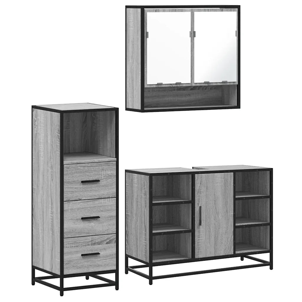 Set Mobili da Bagno 3 pz Grigio Sonoma in Legno Multistrato