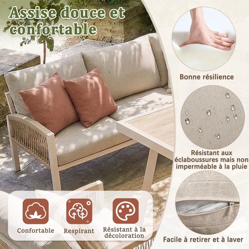 Sofa da giardino intrecciato a mano per 7 persone - Zephmum - Telaio in ferro robusto, imbottitura beige, completo con tavolo e 2 sedie