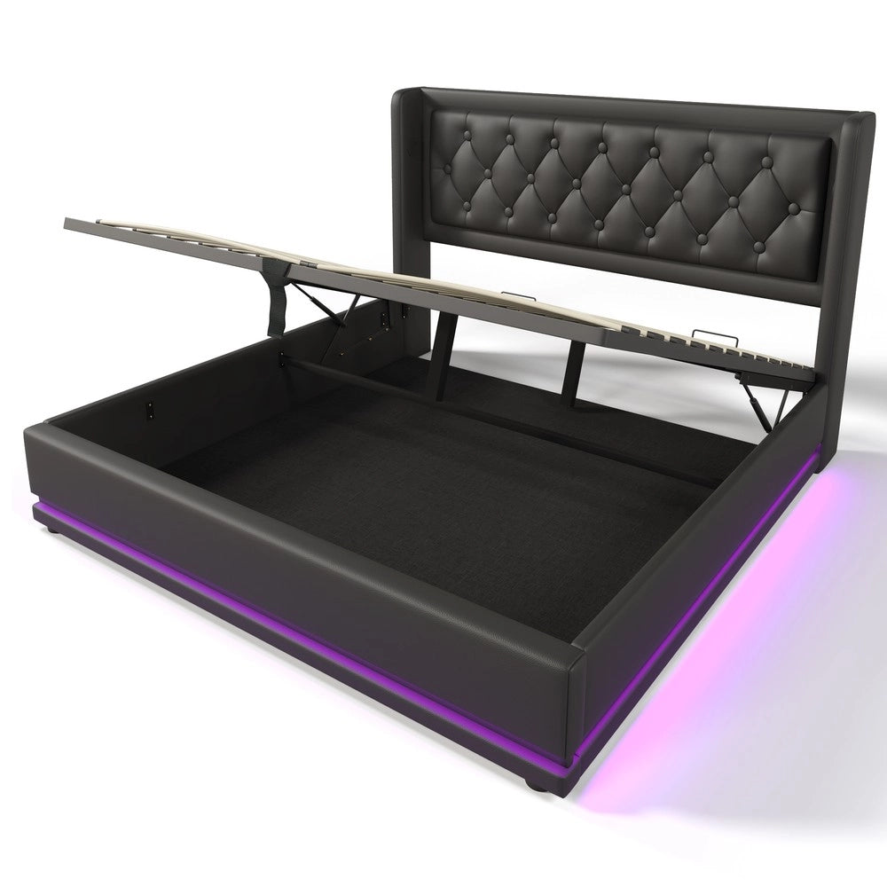 Letto Imbottito Contenitore Matrimoniale LED USB con Materasso ¨C MINIMAL ¨C Nero 140x200 Idraulico