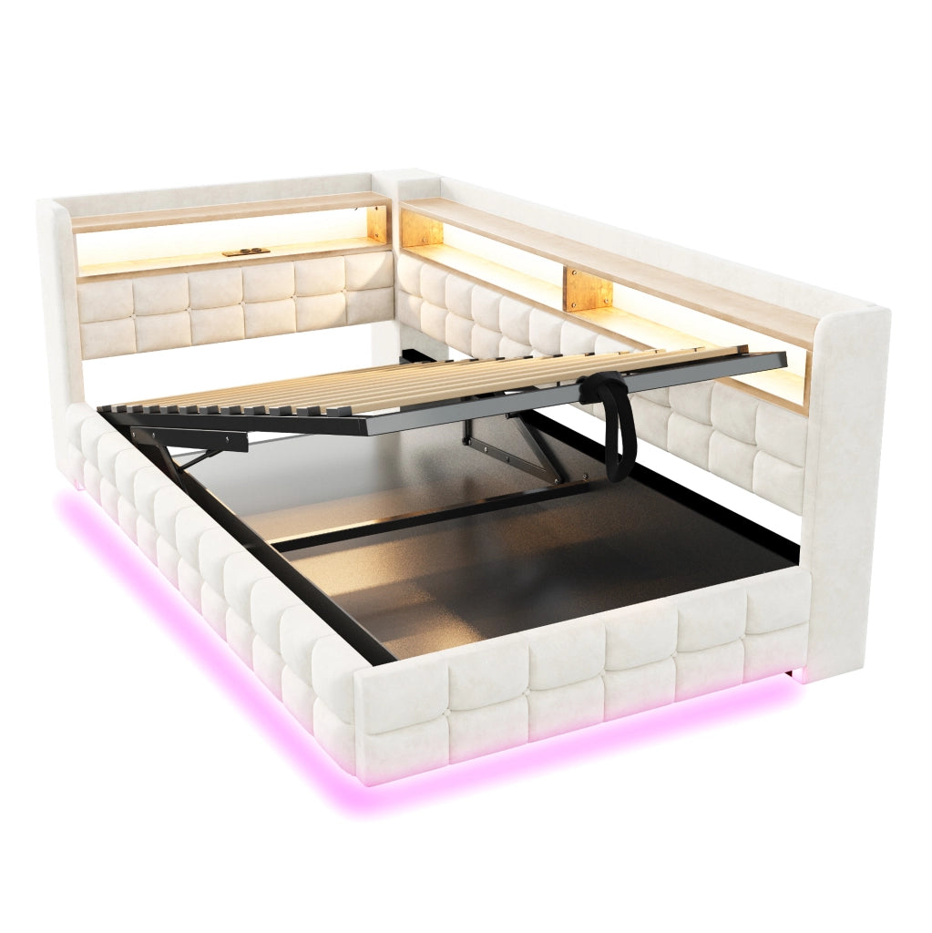 Letto imbottito multifunzione 90x200 cm con contenitore, LED e prese