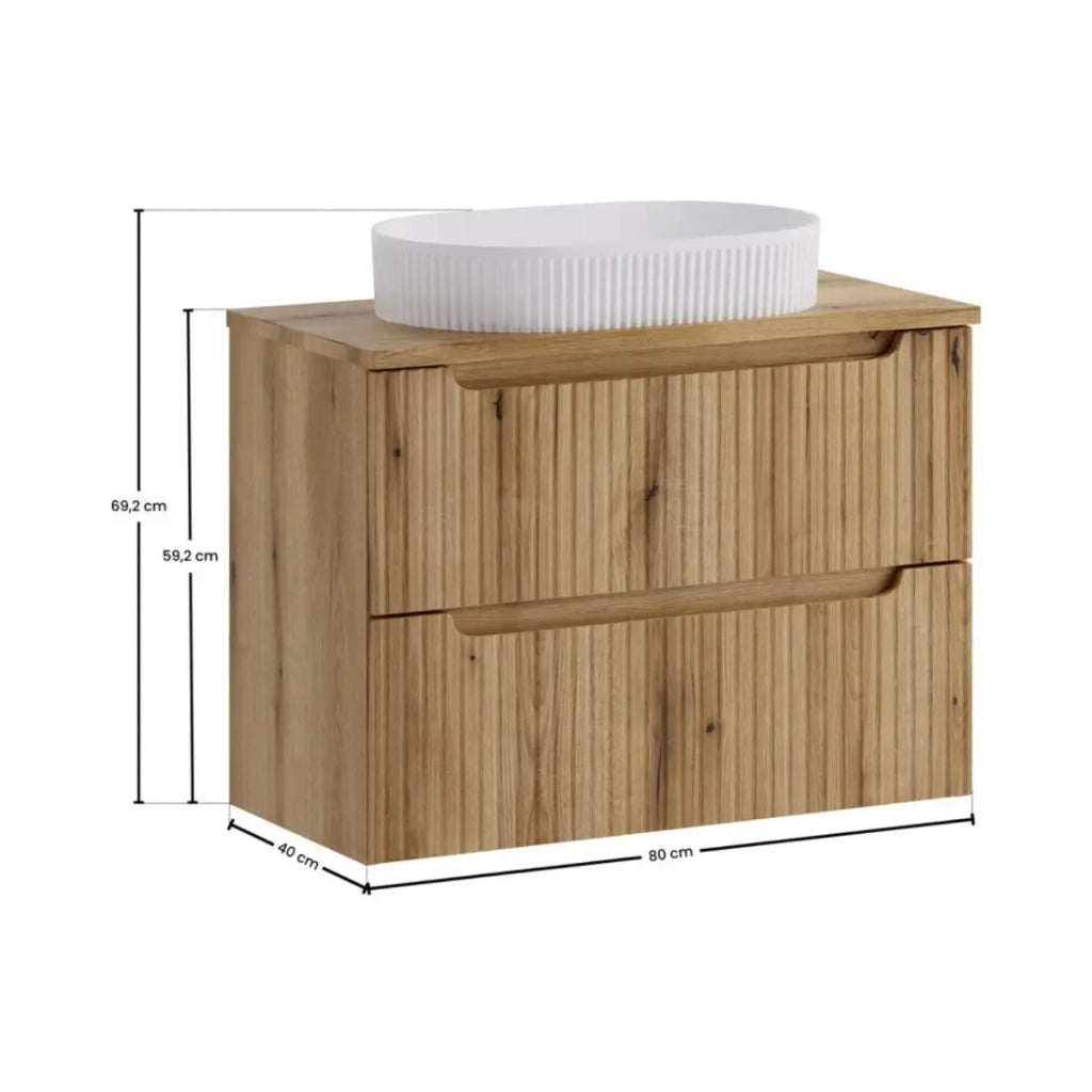 Set VANO in rovere chiaro 80cm: mobile sottolavabo con cassetti + piano per lavabo + lavabo da appoggio bianco scanalato