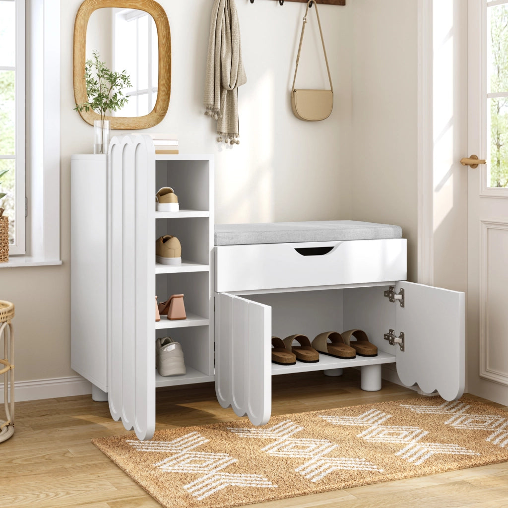 Scarpiera con 3 Ante; 1 Cassetto e Seduta Imbottita; Stile Moderno; in MDF; 90×35×74;5 cm; Bianco