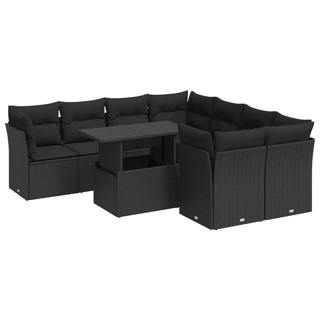 Set Divani da Giardino 9 pz con Cuscini Nero in Polyrattan