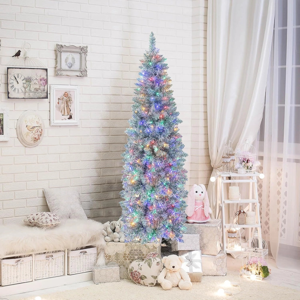 Albero di Natale Slim 150/180 cm, Albero con 190/250 Luci LED Colorate, Base in Metallo Pieghevole, Per Casa e Ufficio (180 cm)