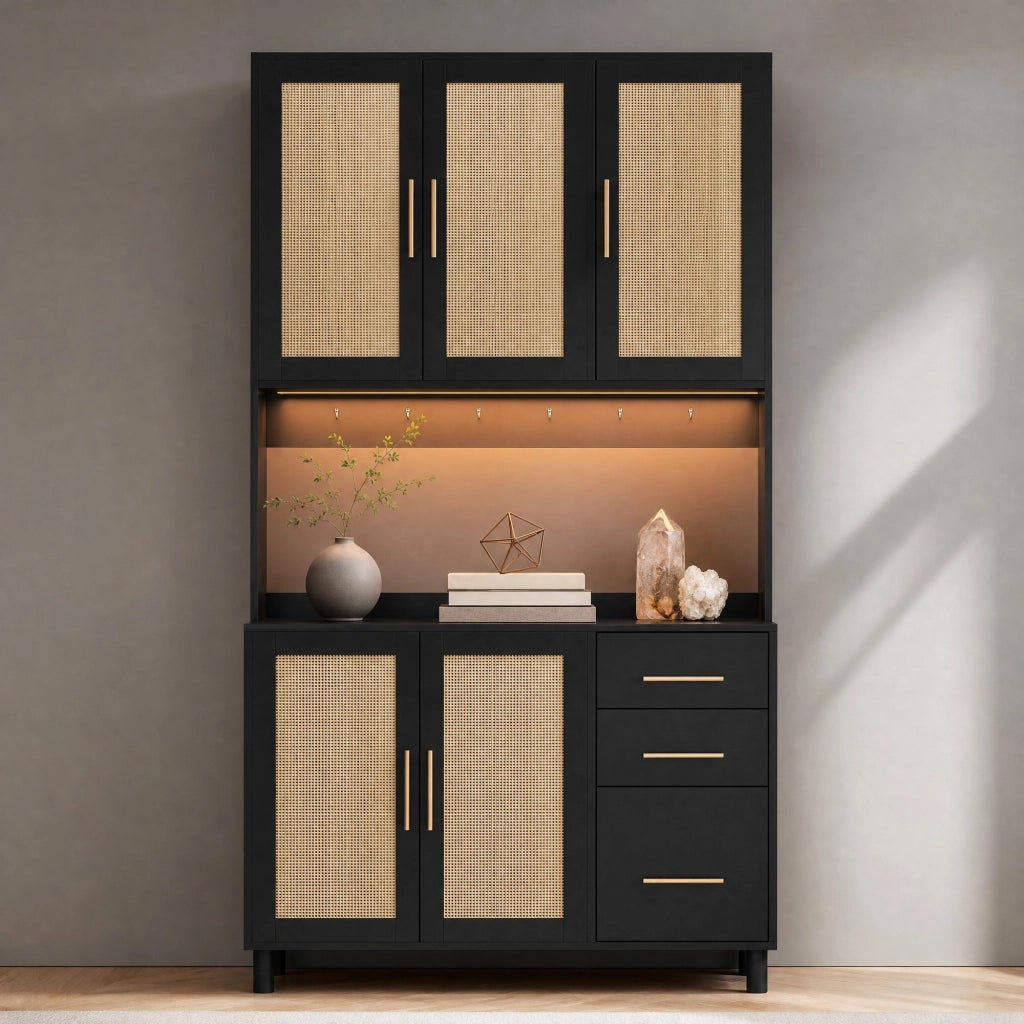 Credenza da cucina 183 cm con illuminazione LED multicolore, prese USB, ripiani regolabili e 3 cassetti