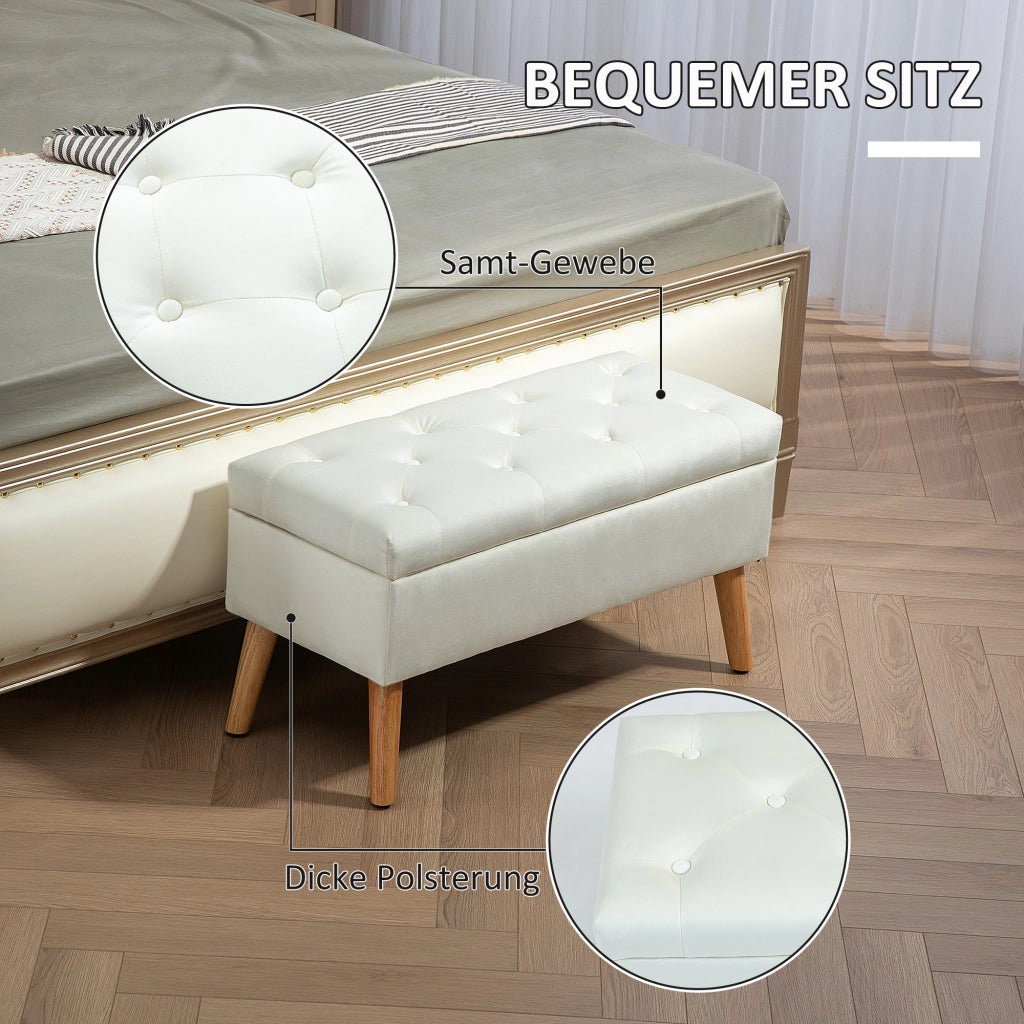 Panca contenitore imbottita con bottoni e spazio nascosto, in poliestere con gambe in legno, bianca 80 × 35 × 40 cm