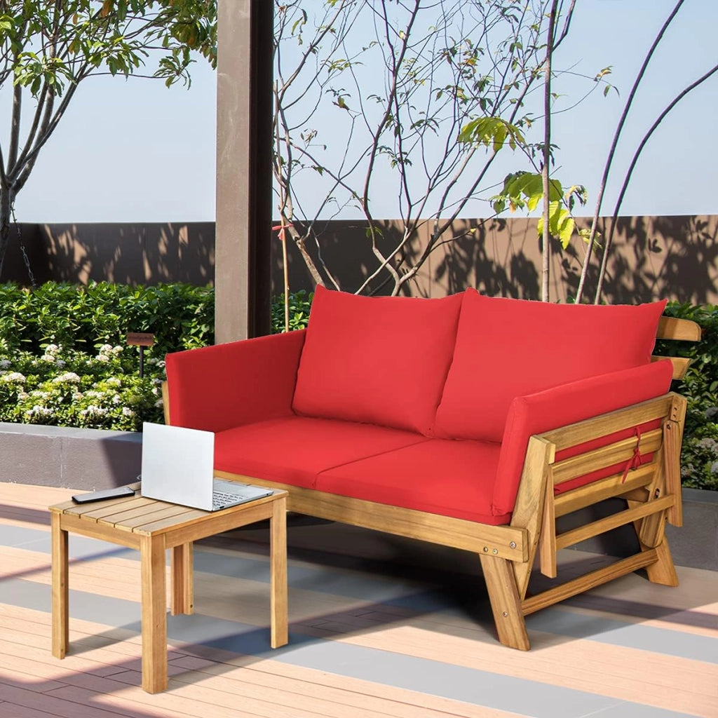 Divano Letto 2 Posti da Esterno in Legno di Acacia con Braccioli Regolabili, Sdraio da Giardino con Cuscini, Chaise longue Pieghevole per Giardino, Piscina, Cortile (Rosso)