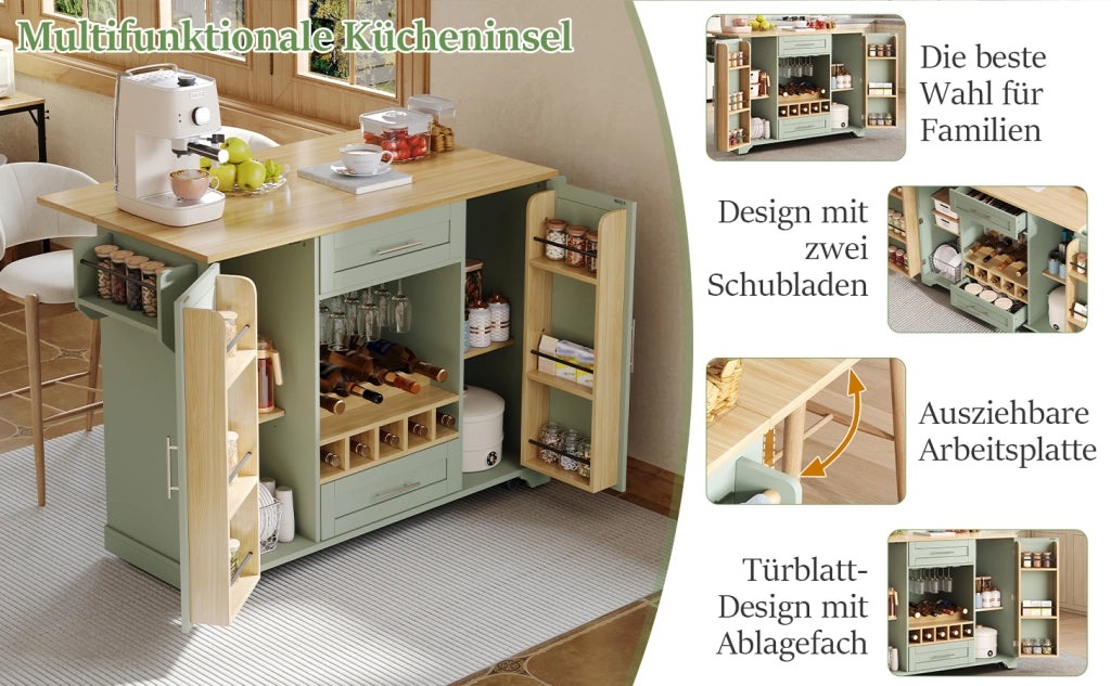 Carrello da cucina con piano estraibile 2 ante 2 cassetti ripiani regolabili e portabottiglie per cucina verde antico