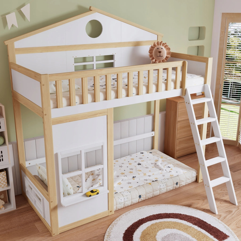 Letto a castello con tetto - Xylo - 90x200 - Bianco+Legno