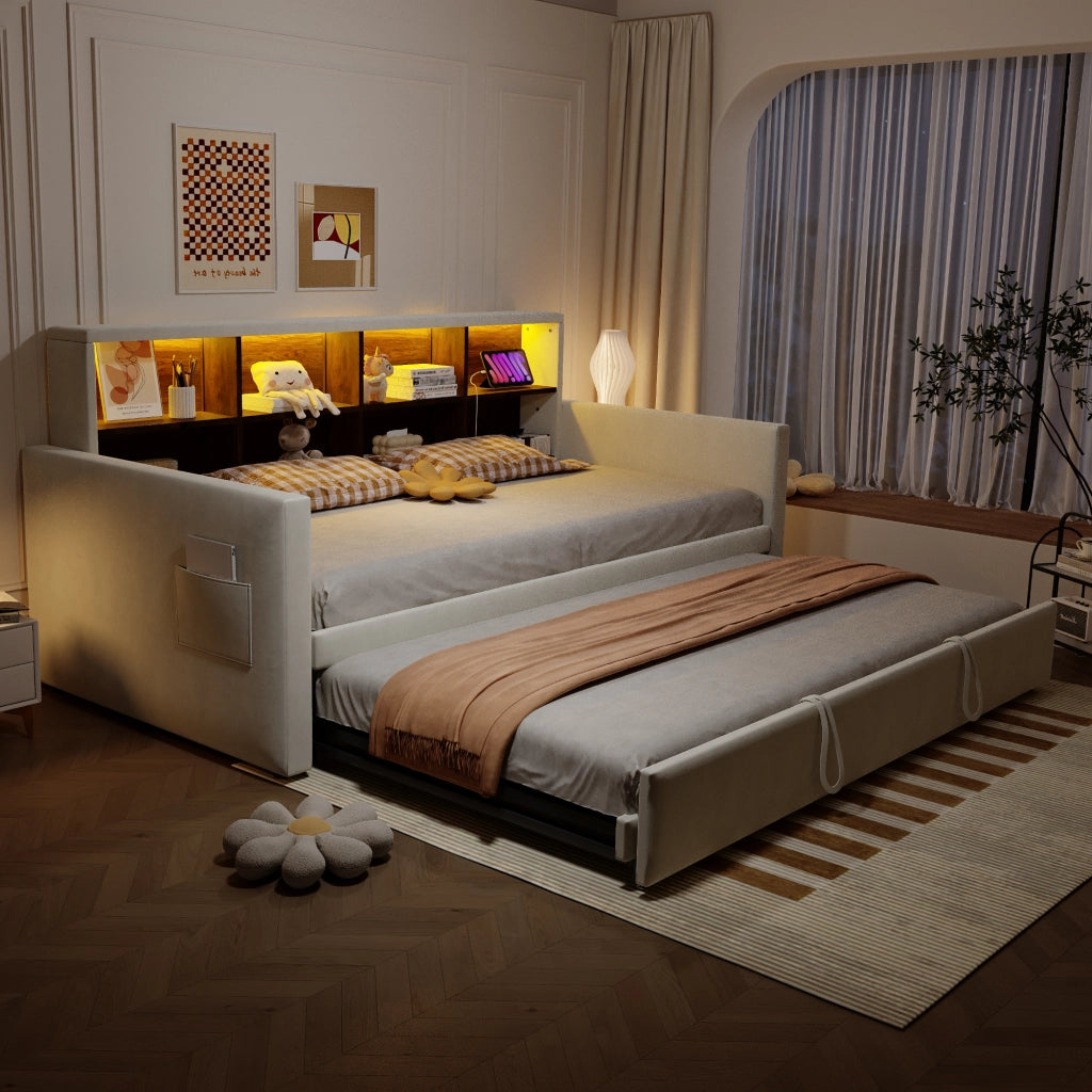 OKWISH Letto Estraibile Singolo con Contenitore, LED, USB e Tipo C, 90 x 190 cm, senza Materasso, Beige