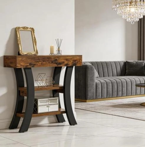 Consolle ULEVR 105x30x80 cm con 3 ripiani aperti, struttura in MDF e metallo, nero e marrone rustico