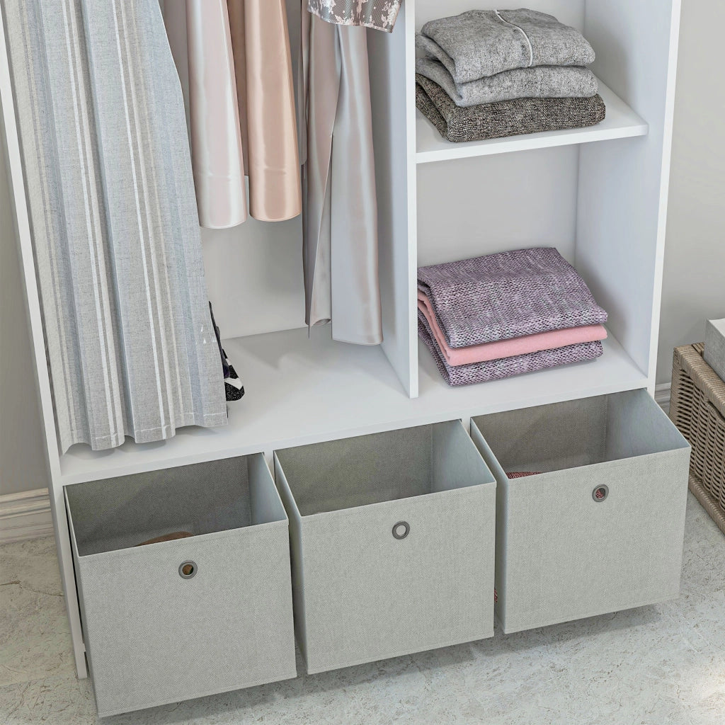 Armadio Guardaroba 105x48x160 cm con Barra Appendiabiti Ripiani e Cassetti in Legno e Tessuto Bianco e Grigio