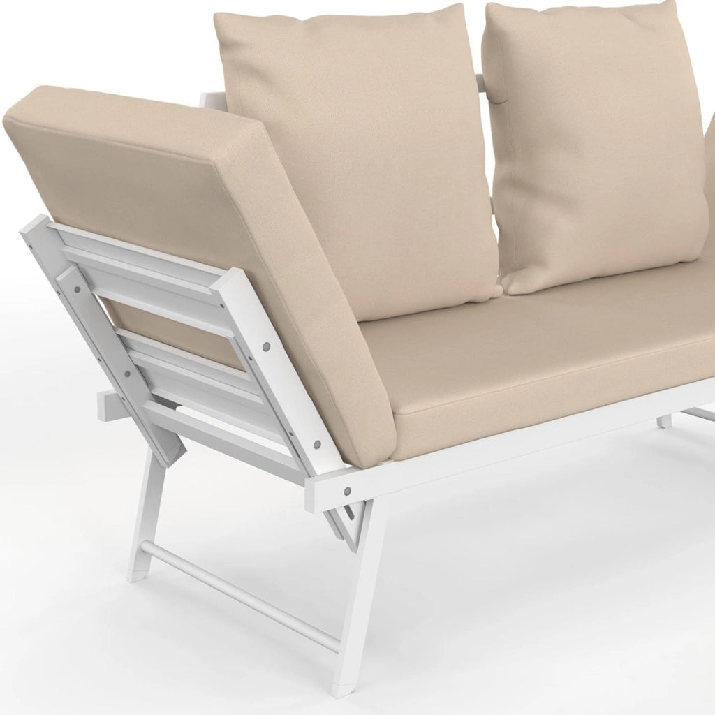Divano da Giardino, Panca trasformabile NOLA 2/3 posti con braccioli reclinabili in Metallo Bianco e Cuscini Beige