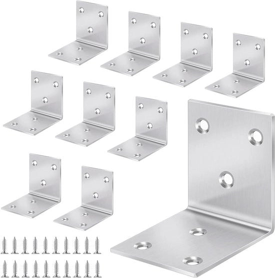 Angoli di acciaio inox RVS 90 gradi, 10 pezzi, 50x50x50mm con 60 viti.