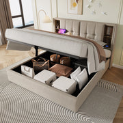 Letto imbottito 140x200 cm con contenitore; ricarica wireless; USB e Type-C; naturale