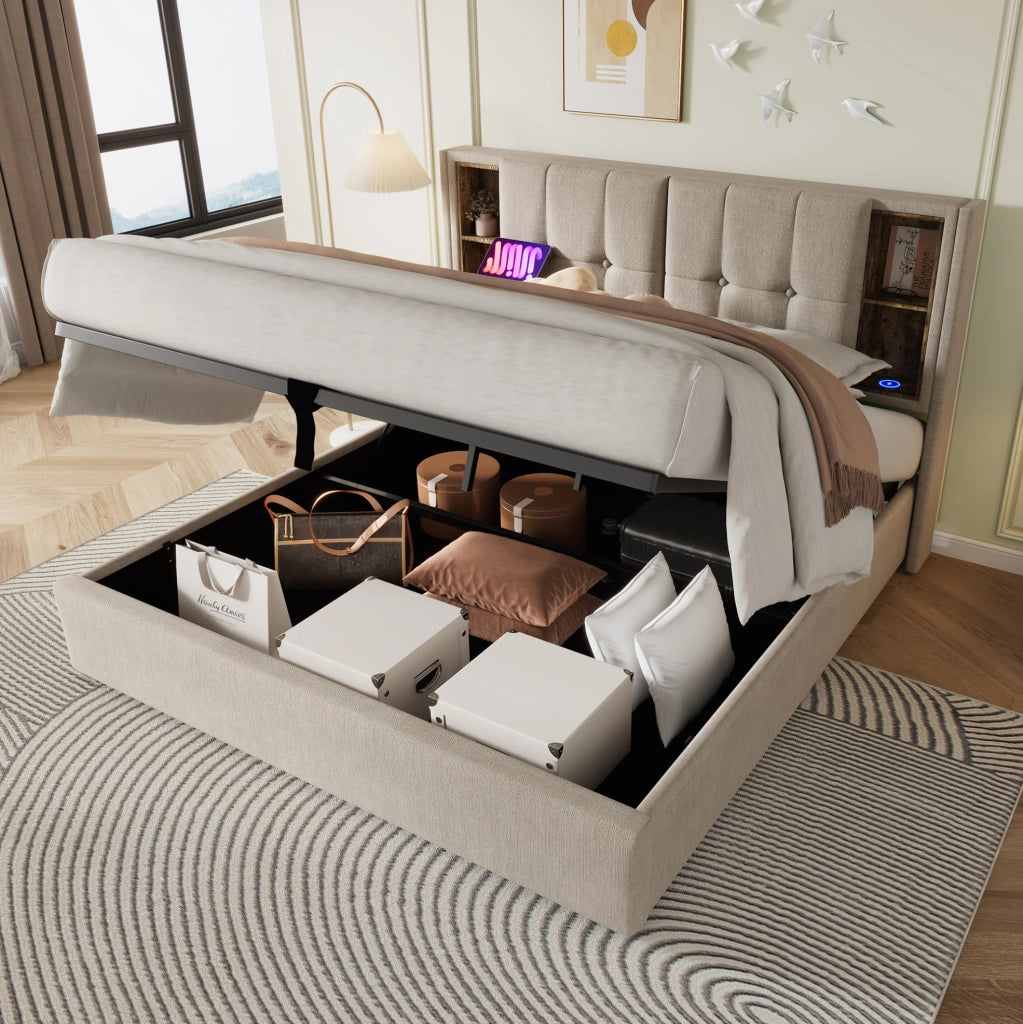 Letto imbottito 140x200 cm con contenitore; ricarica wireless; USB e Type-C; naturale