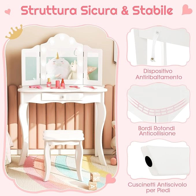 Toeletta Trucco 2 in 1 per Bambina, Specchiera Staccabile per Ragazza in Legno con Sgabello, Cassetto, Ripiani e Giocattoli, Postazione Trucco per 3 Anni, 70 x 34 x 103 cm(Bianco)