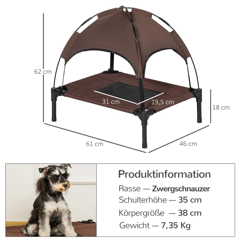 Cuccia per cani rialzata con baldacchino per esterni in rete e tessuto Oxford, struttura in metallo coffee