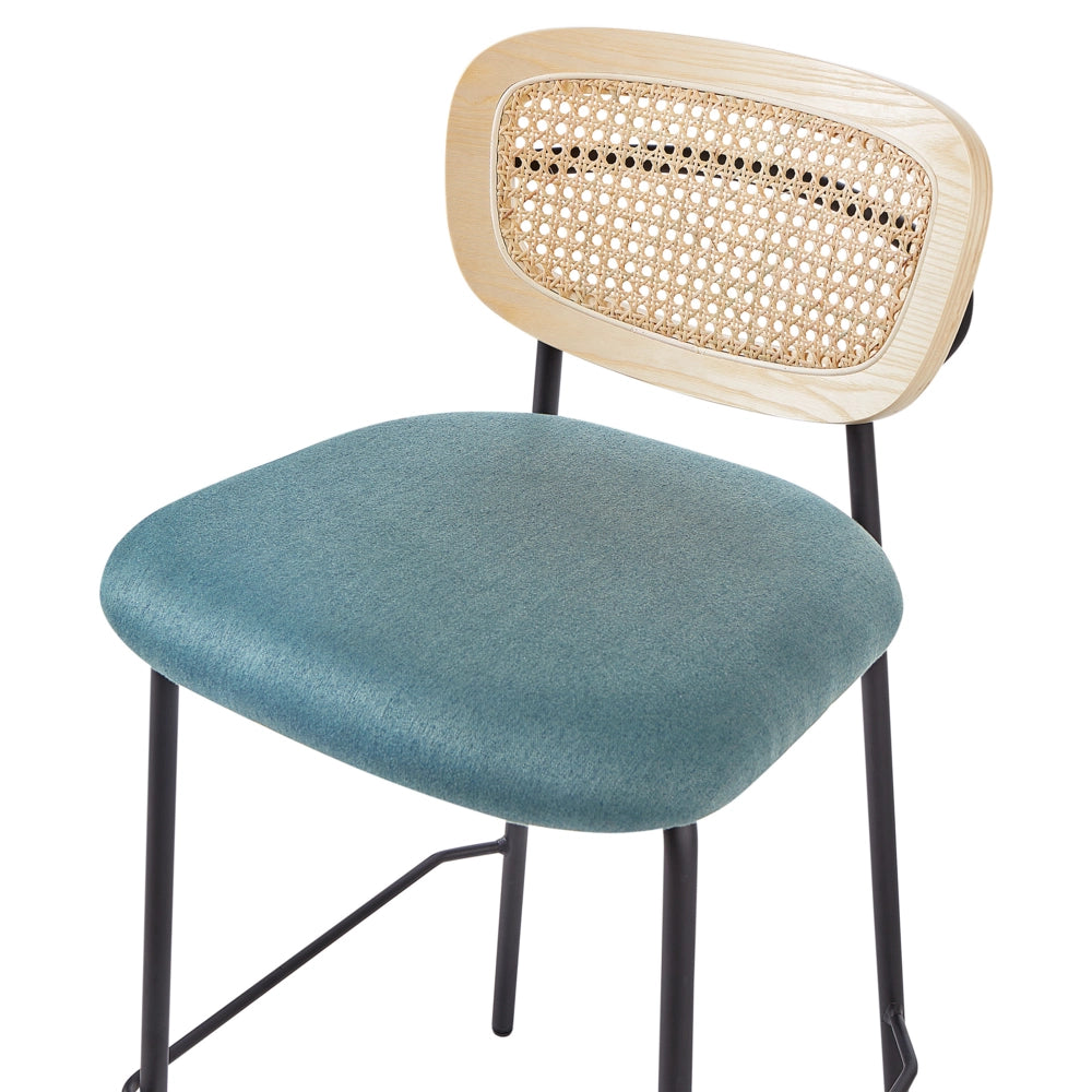Set di 2 sedie da bar Blu Rivestimento in poliestere nero Schienale in rattan naturale a treccia viennese Gambe in metallo nero Sgabelli senza braccioli
