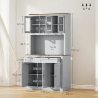 Armadio Dispensa da Cucina con 3 Porte in Vetro, Compartimento Aperto, 2 Cassetti e Scaffali Regolabili 100x40x180 cm Grigio
