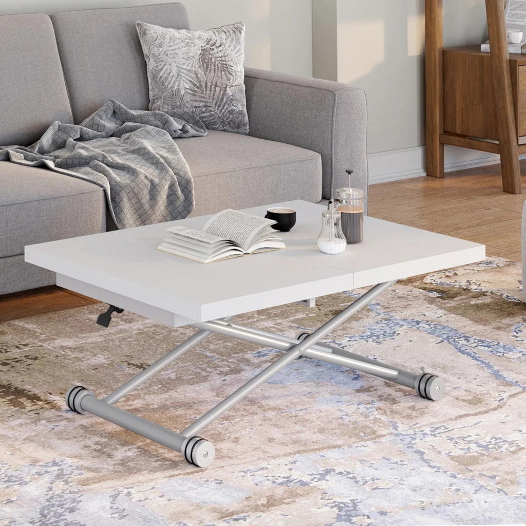 IDMarket - Tavolino ALTURA 100-160 cm, allungabile e trasformabile in tavolo da pranzo rettangolare, piano bianco, gambe cromate