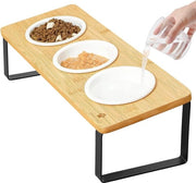 Sistema Alimentare Elevato per Gatti - Set di Piatti Ceramici - Box per Letame in Legno - 12cm di Diametro - Alimentatore per Gatti - Legno Originale