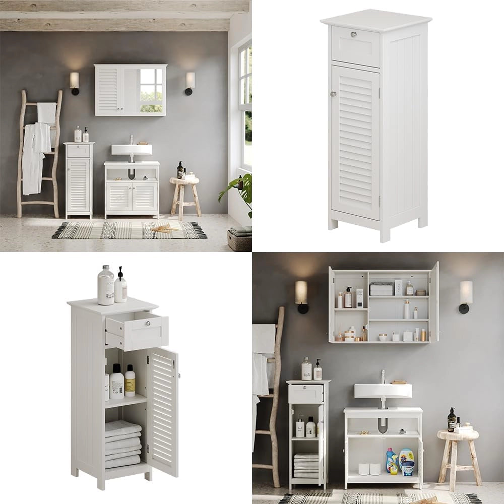 Mobiletto bagno Riad, Bianco, 32 x 87 cm con anta e cassetto, per montaggio a parete per riporre accessori da bagno