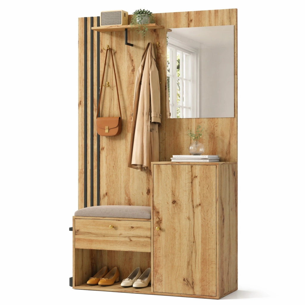 Guardaroba da ingresso compatto con specchio, panca imbottita e portascarpe, struttura in MDF, colore naturale e nero, 115 x 37 x 185 cm