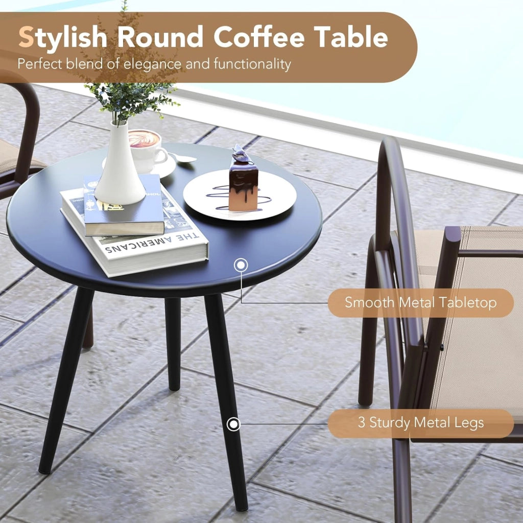 Set di Mobile da Giardino in 3 Pezzi, Set Tavolo Rotondo e 2 Sedie da Balcone in Tessuto Textilene e Metallo, Set da Bistrò per Patio, Veranda, Bordo di Piscina, per 2 Persone, Marrone