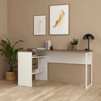 Scrivania ad angolo con due Moire, colore bianco e quercia, cm 145 x 76 x 81