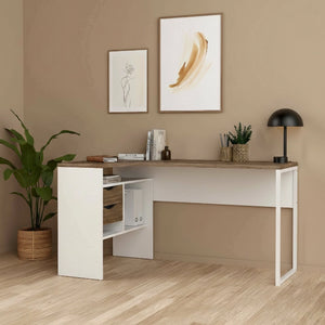 Scrivania ad angolo con due Moire, colore bianco e quercia, cm 145 x 76 x 81