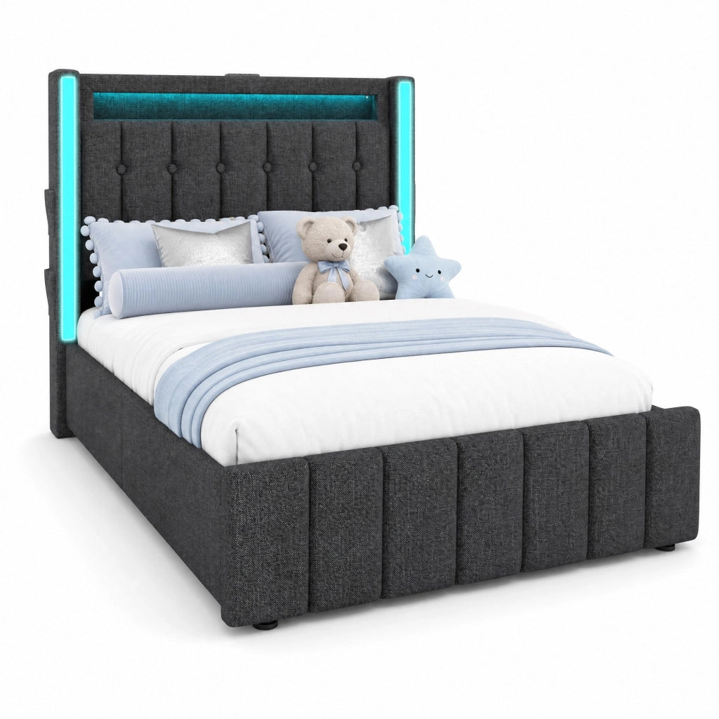 Letto singolo 90x200 cm in lino grigio con LED; USB e 2 cassetti laterali