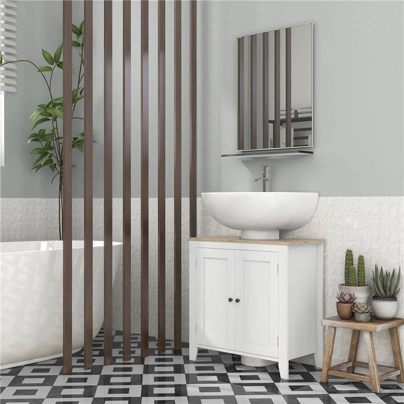 MOBILE SOTTOLAVABO BAGNO A U CON RIPIANO REGOLABILE INTERNO, IN MDF, 60X30X60 CM, BIANCO E COLOR LEGNO