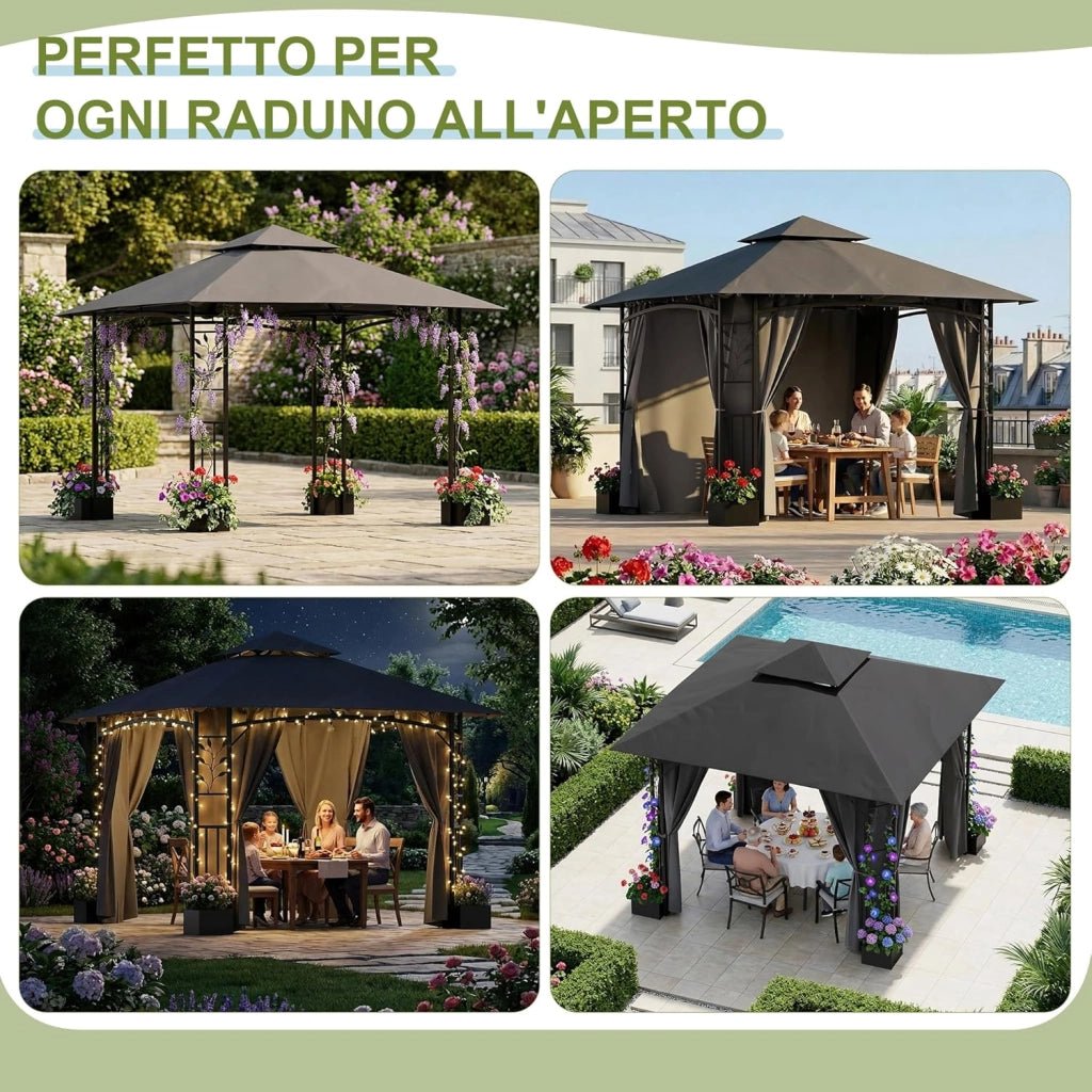Gazebo Esterno Resistente 3.3x3.3 m con 4 Vasi per Fiori - Gazebo da Giardino in a Doppio Tetto Aerato, Struttura Fogliata, Tende Rimuovibili, Protezione UV & Impermeabile per Esterno